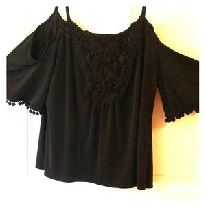 Black cold shoulder pom Pom shirt